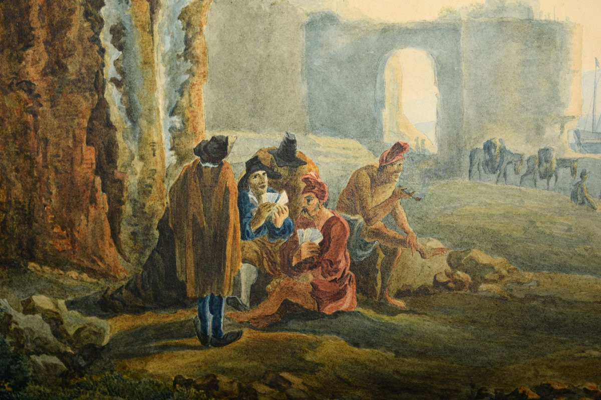 Watercolor After Jan Dirksz Both, Known As "both Of Italy", Card Players In Front Of Ruins-photo-1