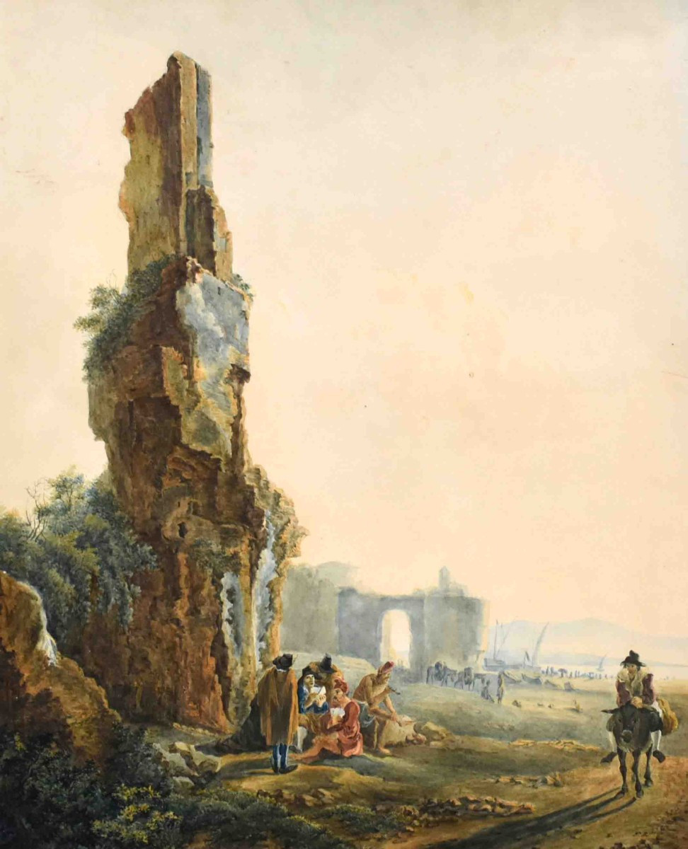 Watercolor After Jan Dirksz Both, Known As "both Of Italy", Card Players In Front Of Ruins