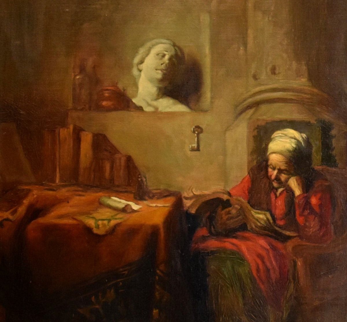 Painting "old Woman Reading In An Interior" After Herman Verbrugge (1879-1947) -photo-1