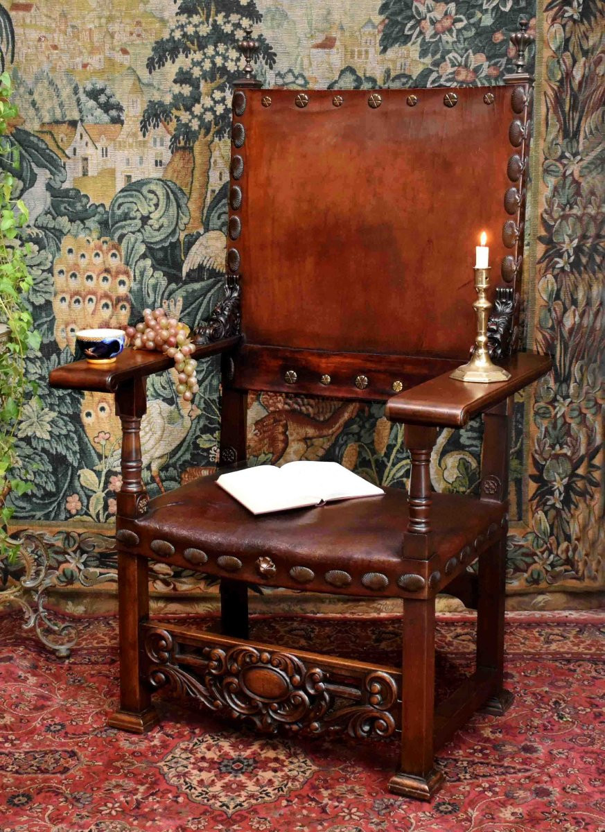 Important Louis XIII Style Renaissance Ceremonial Armchair, Leather Seat And Back, 19th Century. -photo-2