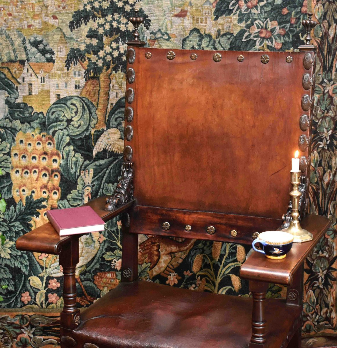 Important Louis XIII Style Renaissance Ceremonial Armchair, Leather Seat And Back, 19th Century. -photo-3
