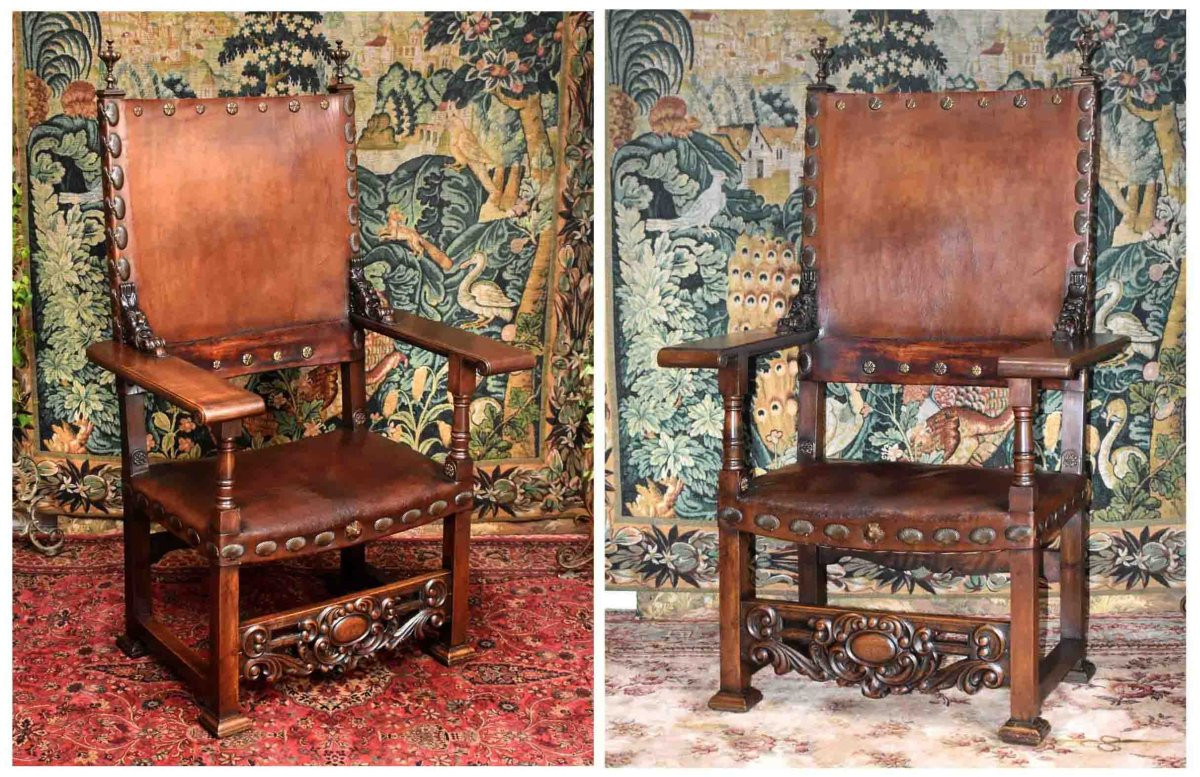 Important Louis XIII Style Renaissance Ceremonial Armchair, Leather Seat And Back, 19th Century. -photo-4