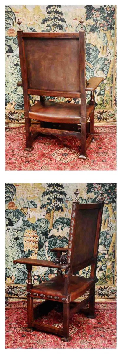 Important Louis XIII Style Renaissance Ceremonial Armchair, Leather Seat And Back, 19th Century. -photo-1