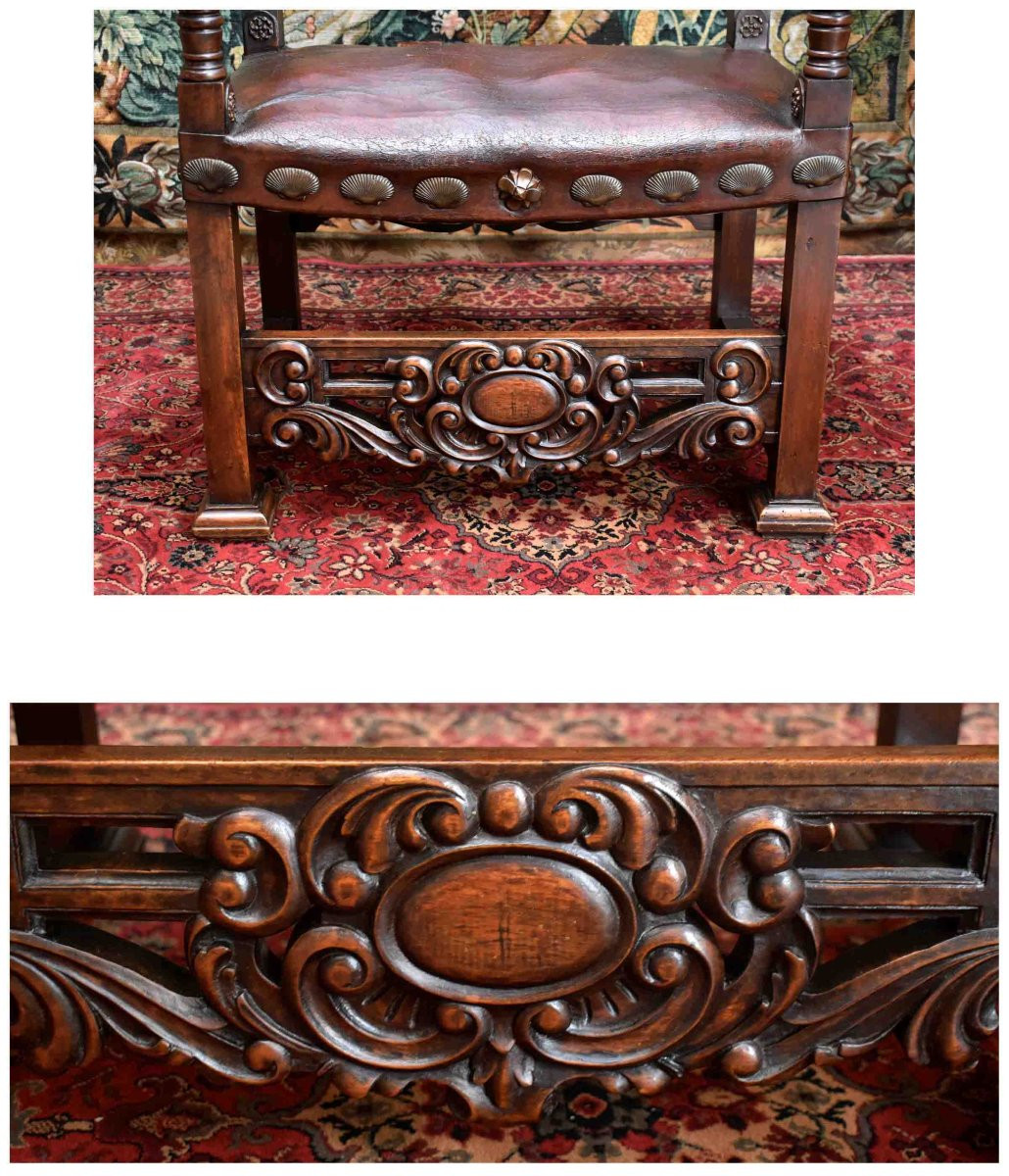 Important Louis XIII Style Renaissance Ceremonial Armchair, Leather Seat And Back, 19th Century. -photo-2