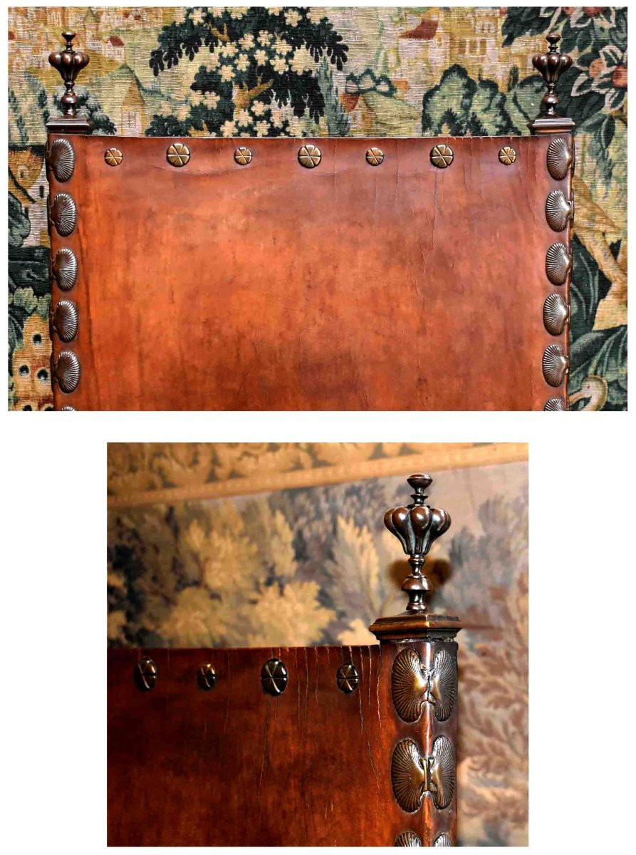 Important Louis XIII Style Renaissance Ceremonial Armchair, Leather Seat And Back, 19th Century. -photo-3