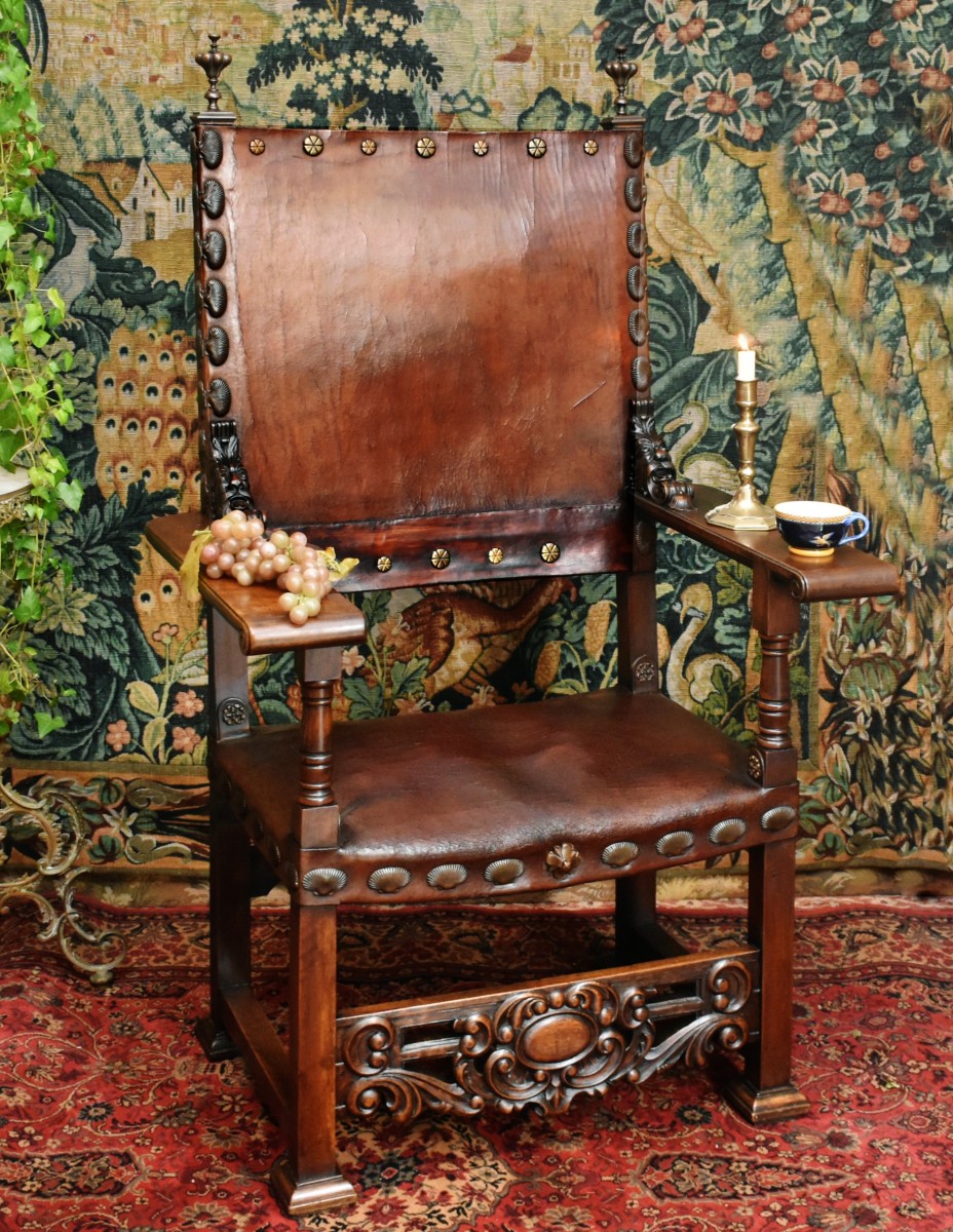 Important Louis XIII Style Renaissance Ceremonial Armchair, Leather Seat And Back, 19th Century. 