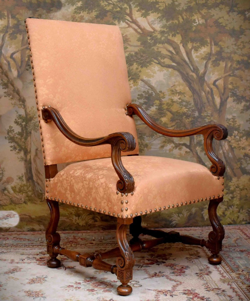 Large And Wide Louis XIV Style Armchair In Solid Walnut With A High Flat Back, 19th Century, Restored.-photo-2