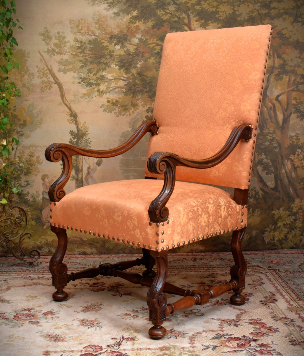 Large And Wide Louis XIV Style Armchair In Solid Walnut With A High Flat Back, 19th Century, Restored.-photo-3