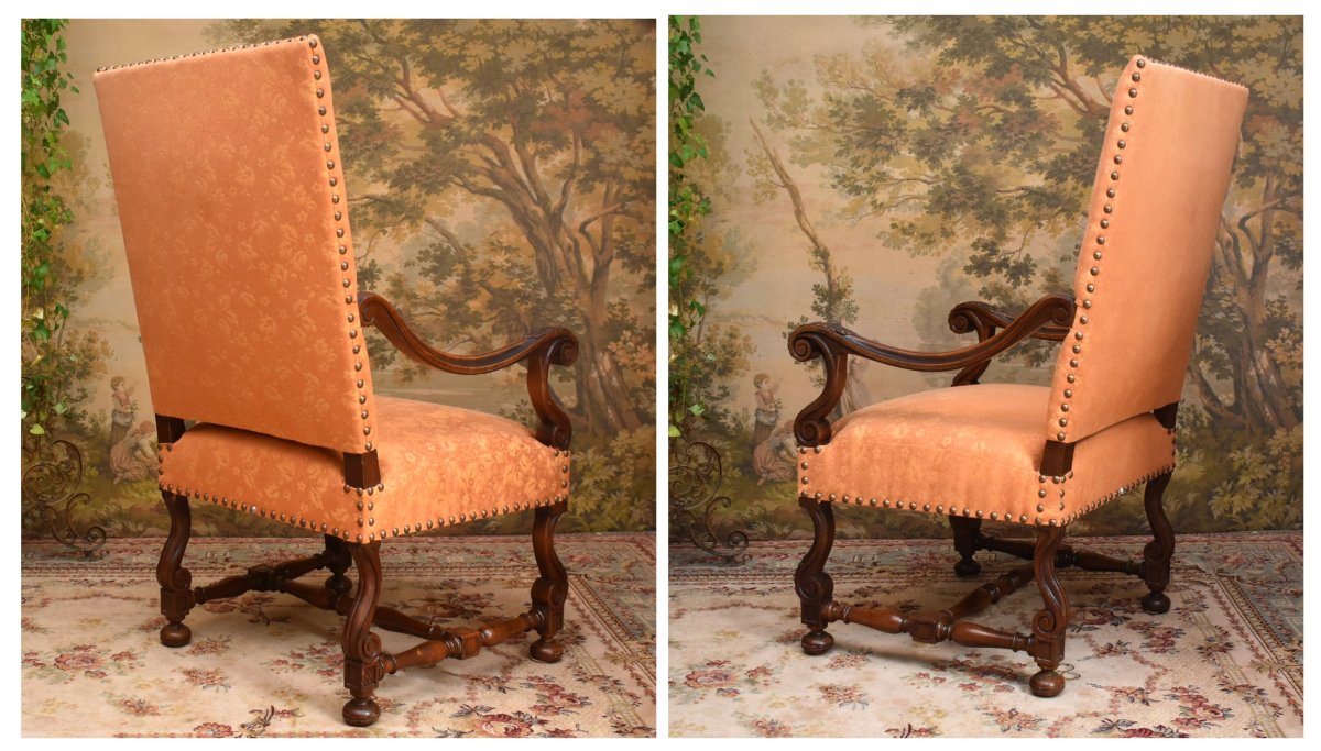 Large And Wide Louis XIV Style Armchair In Solid Walnut With A High Flat Back, 19th Century, Restored.-photo-1