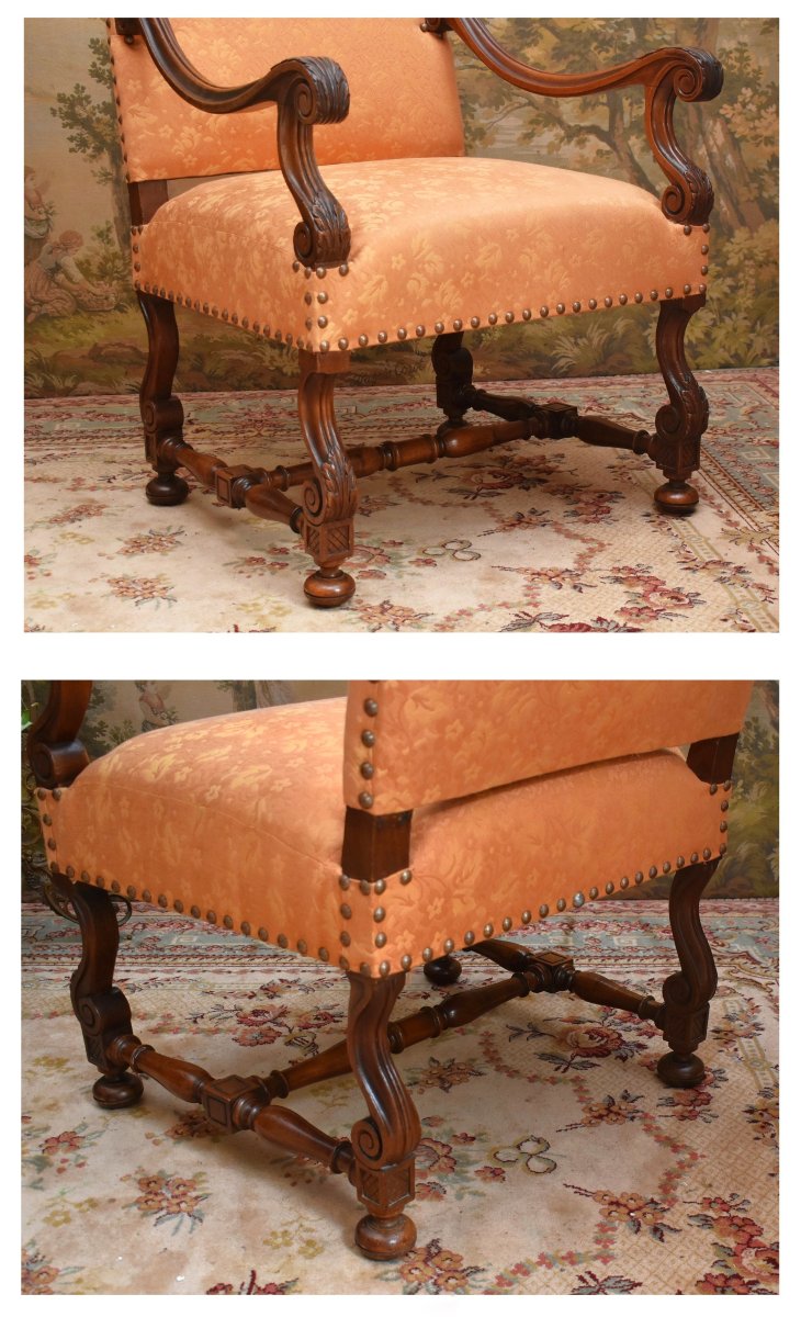 Large And Wide Louis XIV Style Armchair In Solid Walnut With A High Flat Back, 19th Century, Restored.-photo-2