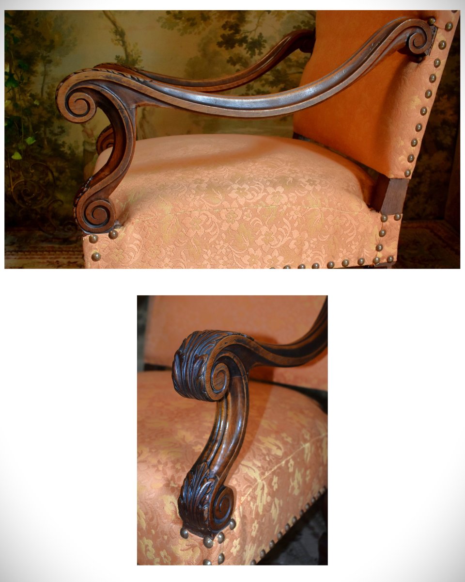 Large And Wide Louis XIV Style Armchair In Solid Walnut With A High Flat Back, 19th Century, Restored.-photo-6