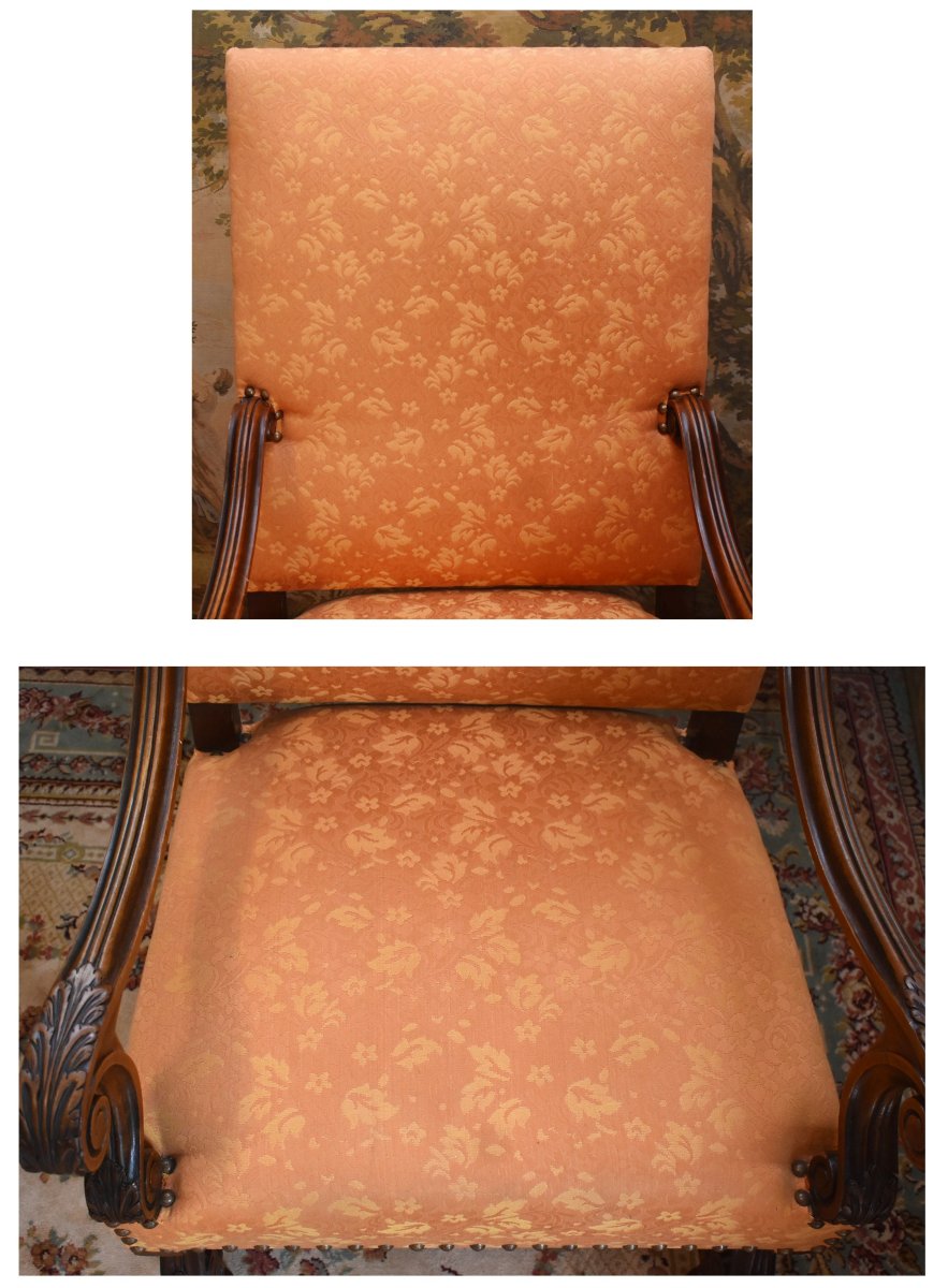 Large And Wide Louis XIV Style Armchair In Solid Walnut With A High Flat Back, 19th Century, Restored.-photo-7