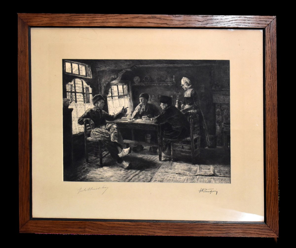 Engraving "dutch Interior" Engraved By Edmond Jules Pennequin, Painted By Jules Benoit Levy -photo-2
