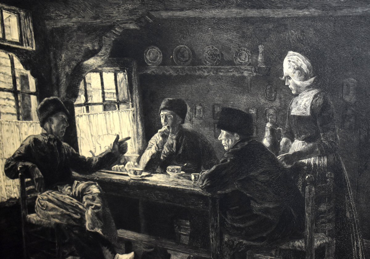 Engraving "dutch Interior" Engraved By Edmond Jules Pennequin, Painted By Jules Benoit Levy -photo-3