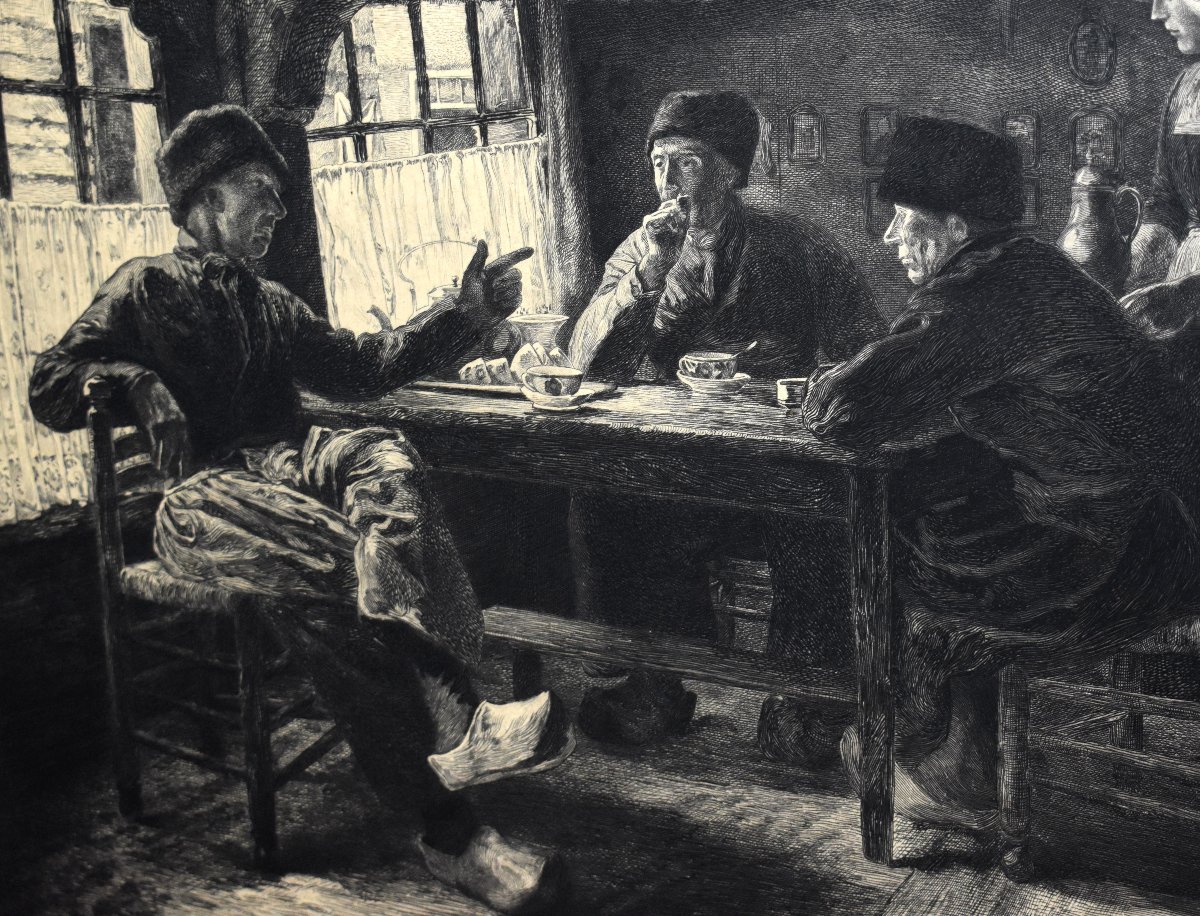 Engraving "dutch Interior" Engraved By Edmond Jules Pennequin, Painted By Jules Benoit Levy -photo-4