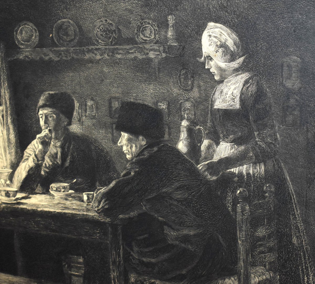 Engraving "dutch Interior" Engraved By Edmond Jules Pennequin, Painted By Jules Benoit Levy -photo-1