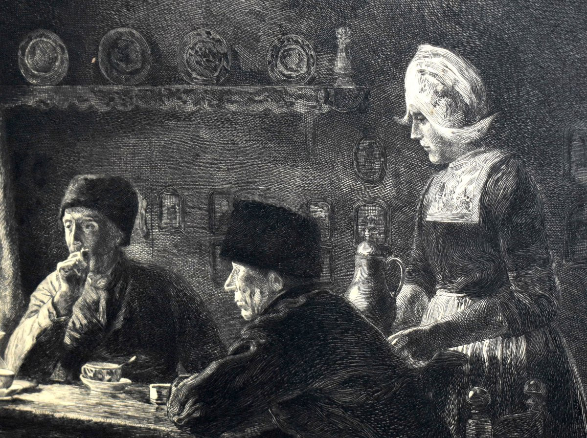 Engraving "dutch Interior" Engraved By Edmond Jules Pennequin, Painted By Jules Benoit Levy -photo-2