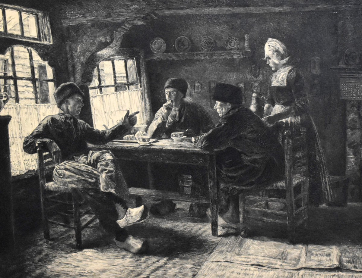 Engraving "dutch Interior" Engraved By Edmond Jules Pennequin, Painted By Jules Benoit Levy 