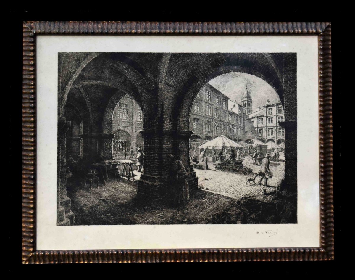 Renaud De Vézins De Lévézou, Large Etching Of The Place Nationale De Montauban, Royal Square-photo-2