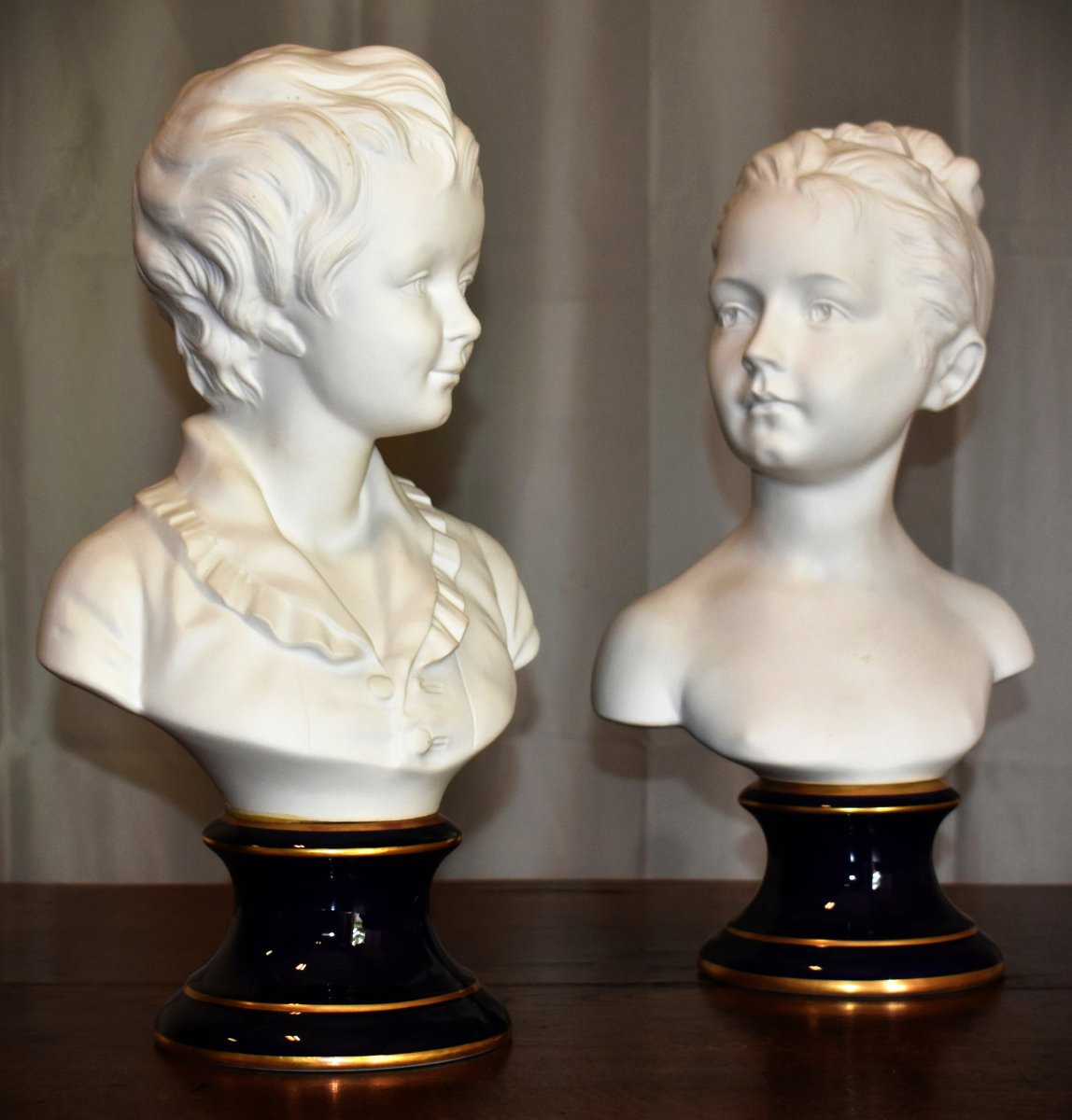 Pair Of Busts, Biscuit Porcelain, Tharaud Limoges After Houdon, Brongniart Children-photo-2