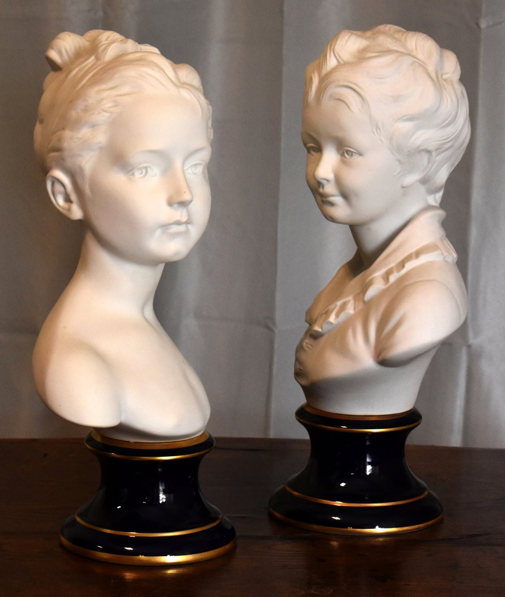 Pair Of Busts, Biscuit Porcelain, Tharaud Limoges After Houdon, Brongniart Children-photo-3