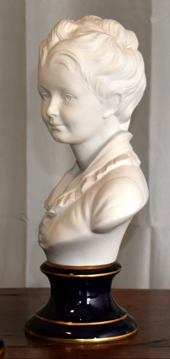Pair Of Busts, Biscuit Porcelain, Tharaud Limoges After Houdon, Brongniart Children-photo-6