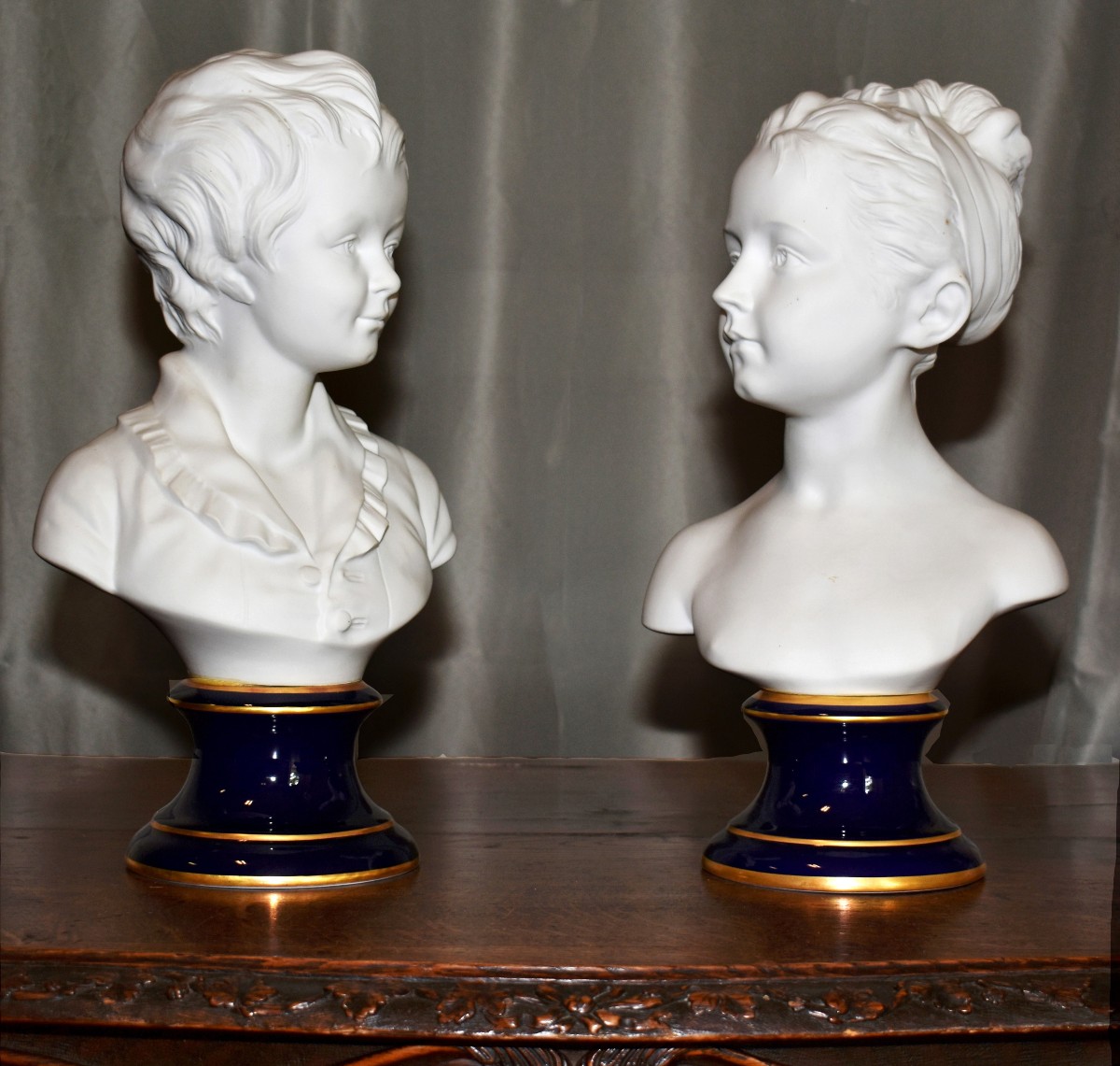 Pair Of Busts, Biscuit Porcelain, Tharaud Limoges After Houdon, Brongniart Children