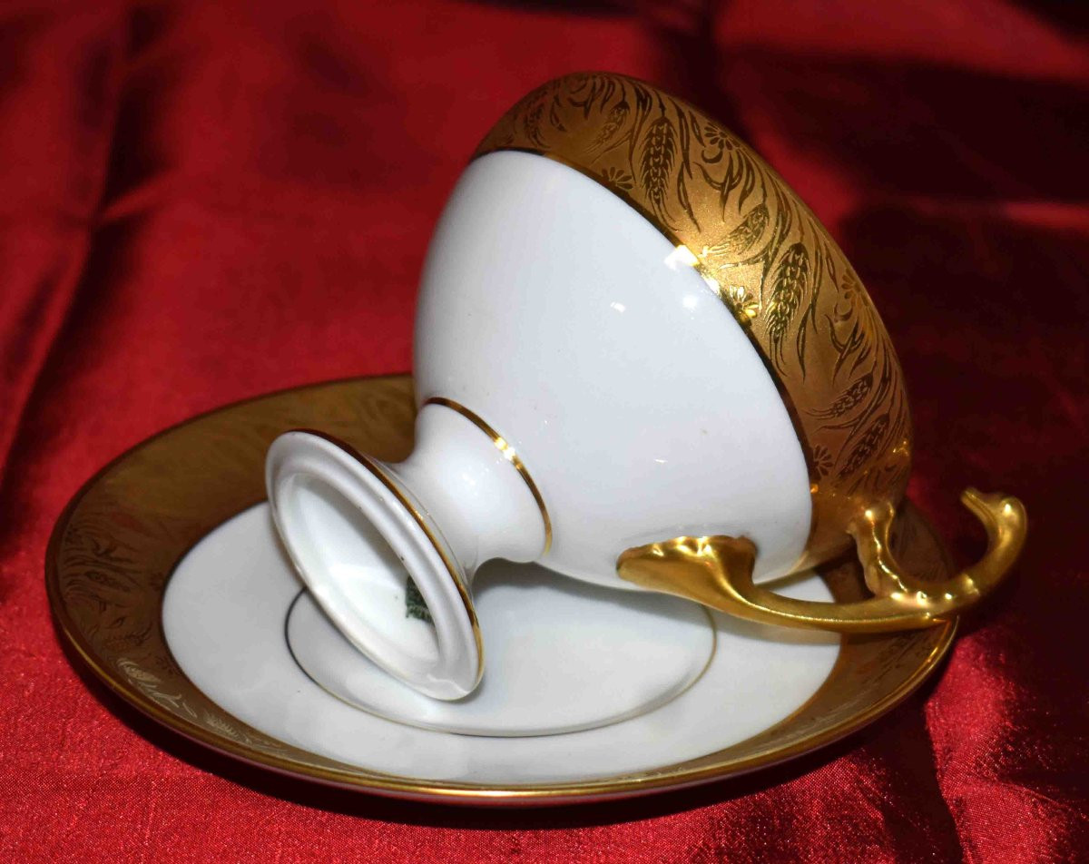 Paire De Tasses  En Porcelaine De Limoges Double Incrustation Or Poli à l'agate, style Empire-photo-4