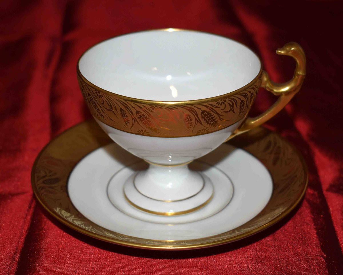 Paire De Tasses  En Porcelaine De Limoges Double Incrustation Or Poli à l'agate, style Empire-photo-1