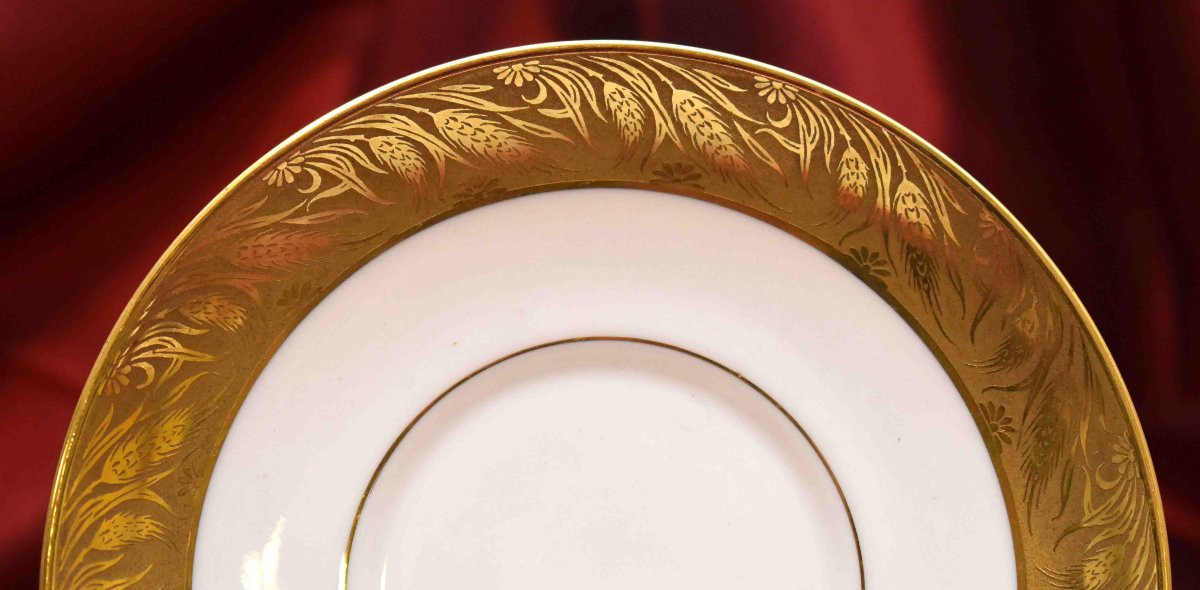 Paire De Tasses  En Porcelaine De Limoges Double Incrustation Or Poli à l'agate, style Empire-photo-7