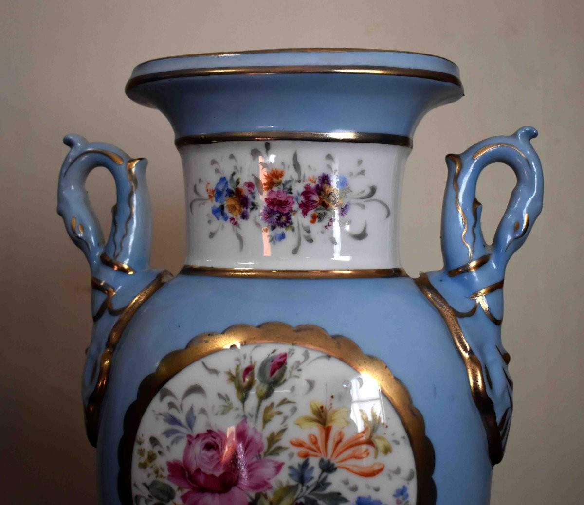 Pair Of Limoges Porcelain Vases, Restoration Style, Floral Decoration, Late 19th Century.-photo-1