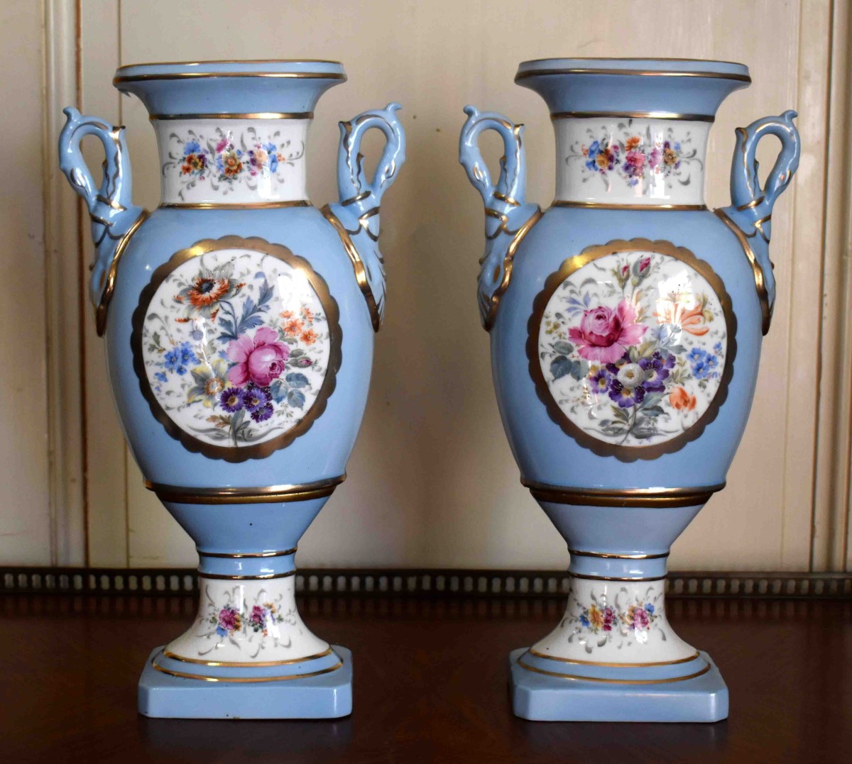 Pair Of Limoges Porcelain Vases, Restoration Style, Floral Decoration, Late 19th Century.