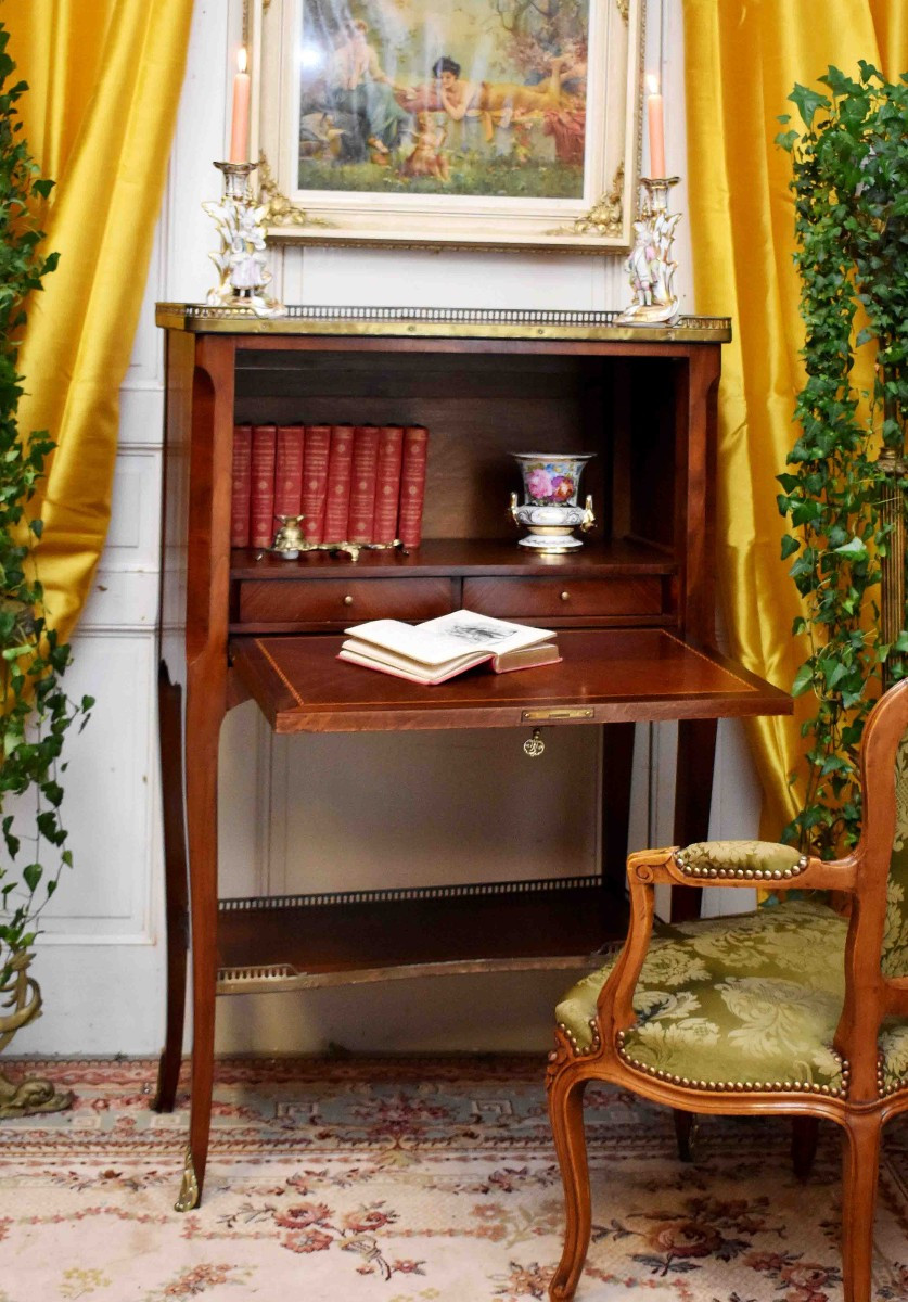 Lady's Secretary Desk, Marquetry Drop-front Desk, Marquetry Side Table, Louis XV Style-photo-2