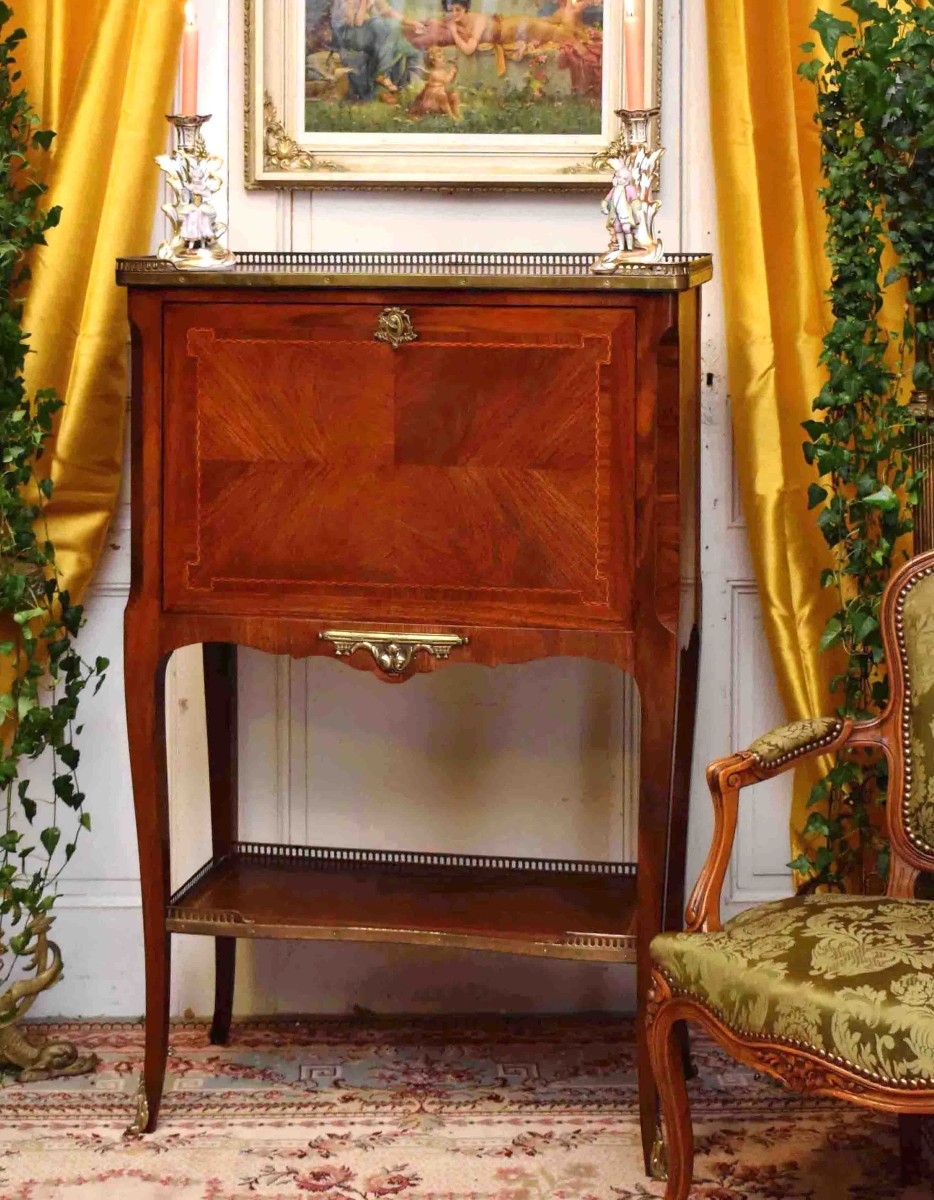 Lady's Secretary Desk, Marquetry Drop-front Desk, Marquetry Side Table, Louis XV Style