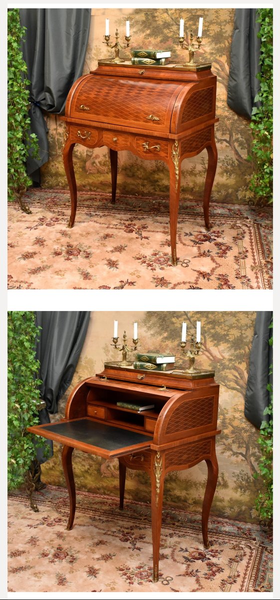 Bureau Cylindre De Style Louis XV En Marqueterie De Losanges, Dessus Marbre Et Galerie Laiton  -photo-3