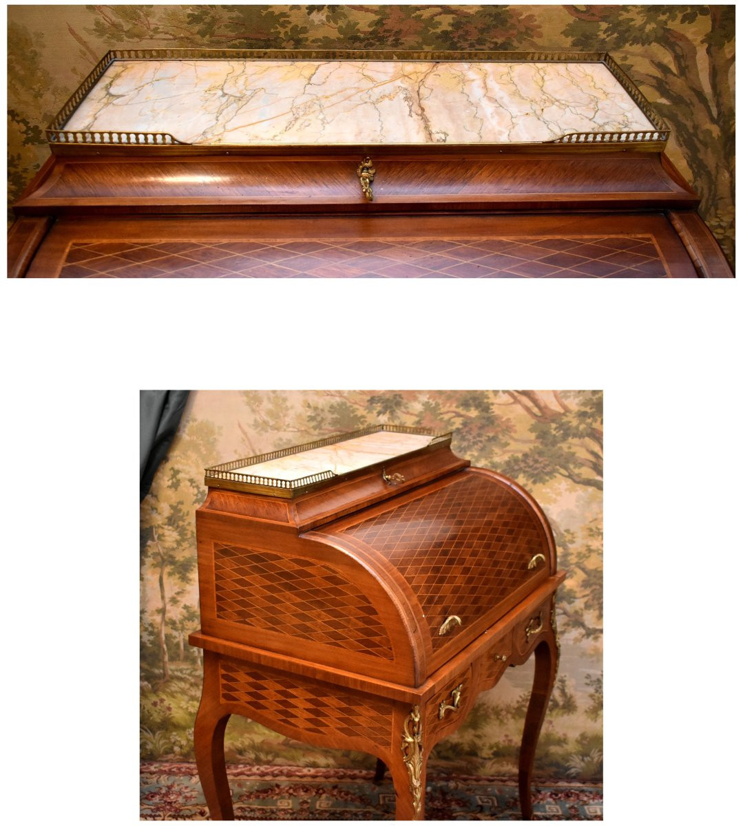 Bureau Cylindre De Style Louis XV En Marqueterie De Losanges, Dessus Marbre Et Galerie Laiton  -photo-2