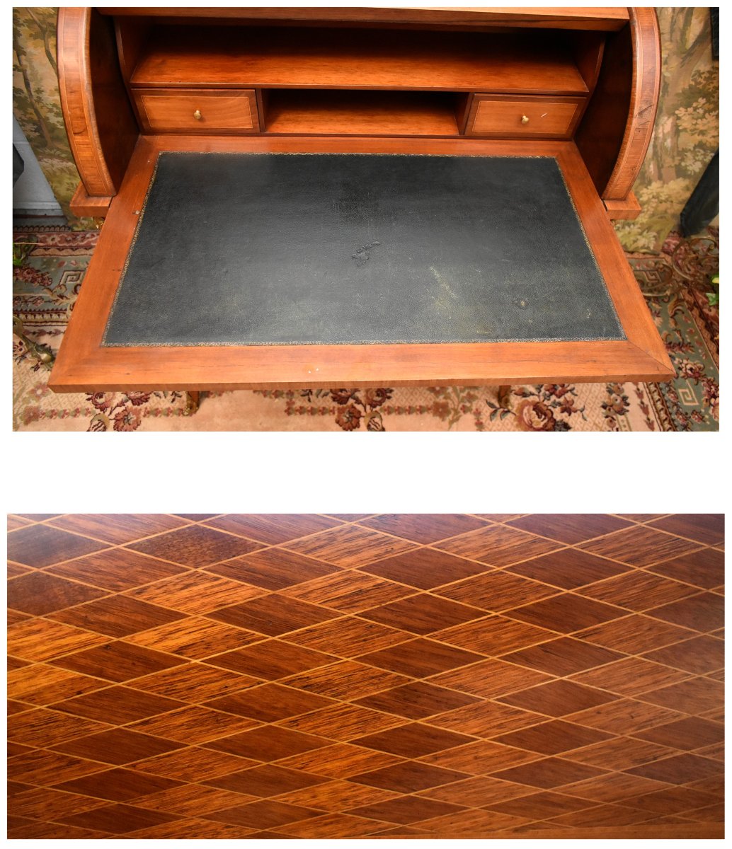 Bureau Cylindre De Style Louis XV En Marqueterie De Losanges, Dessus Marbre Et Galerie Laiton  -photo-3