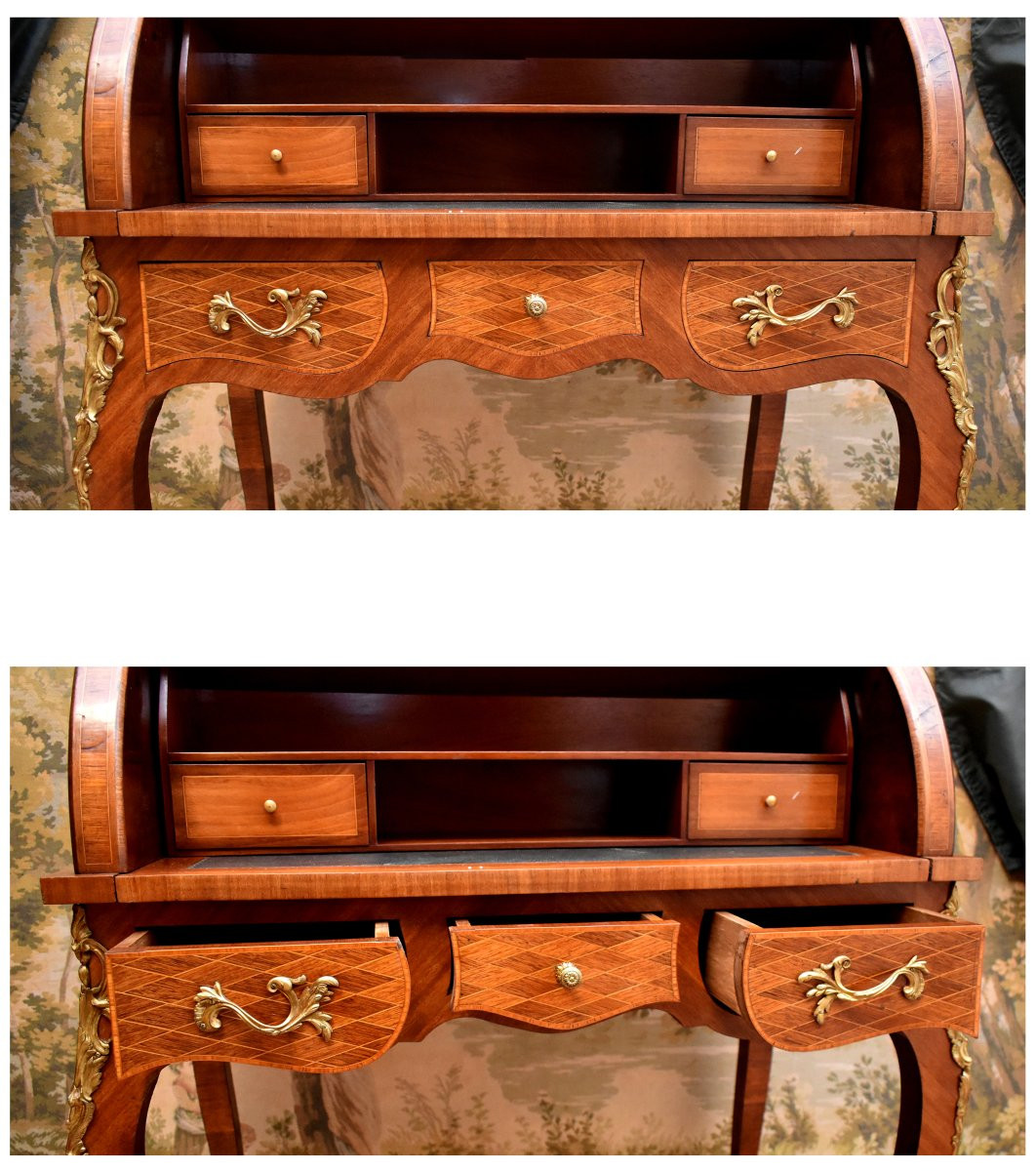 Bureau Cylindre De Style Louis XV En Marqueterie De Losanges, Dessus Marbre Et Galerie Laiton  -photo-4