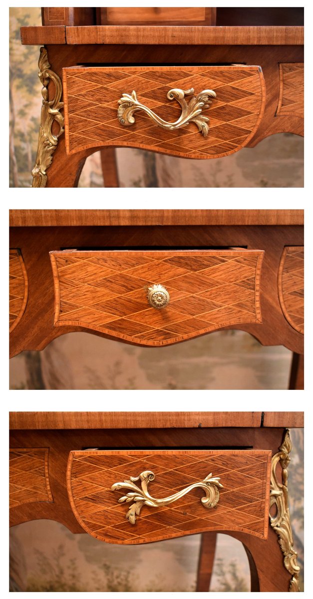 Bureau Cylindre De Style Louis XV En Marqueterie De Losanges, Dessus Marbre Et Galerie Laiton  -photo-5