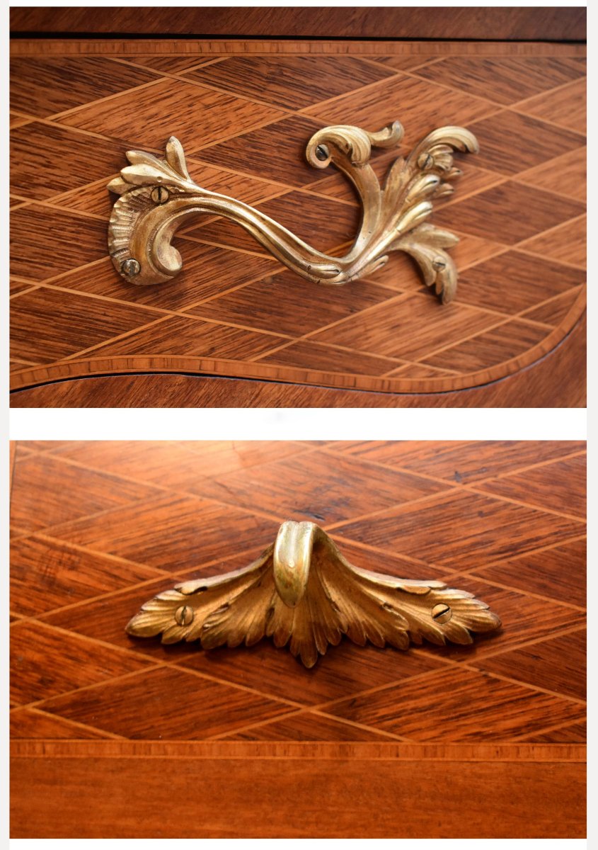 Bureau Cylindre De Style Louis XV En Marqueterie De Losanges, Dessus Marbre Et Galerie Laiton  -photo-6