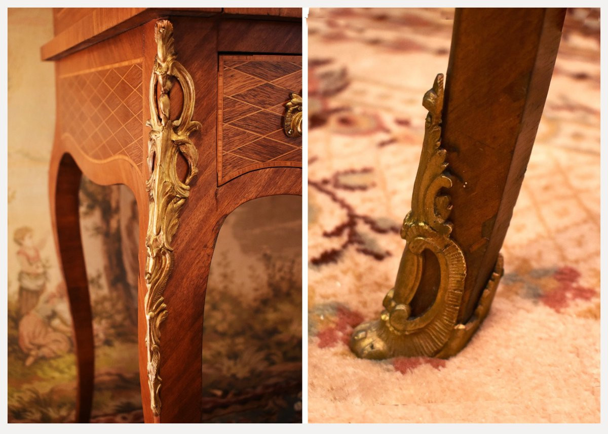 Bureau Cylindre De Style Louis XV En Marqueterie De Losanges, Dessus Marbre Et Galerie Laiton  -photo-7
