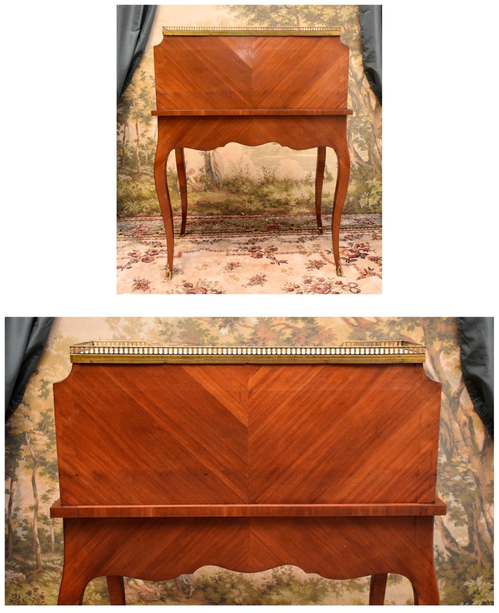 Bureau Cylindre De Style Louis XV En Marqueterie De Losanges, Dessus Marbre Et Galerie Laiton  -photo-8