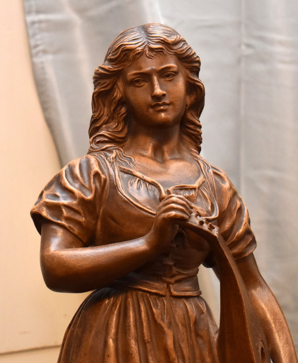 Joseph Le Guluche ( 1849-1915 ). Statue  en Terre Cuite, Sculpture  Jeune Femme à La Mandoline.-photo-4