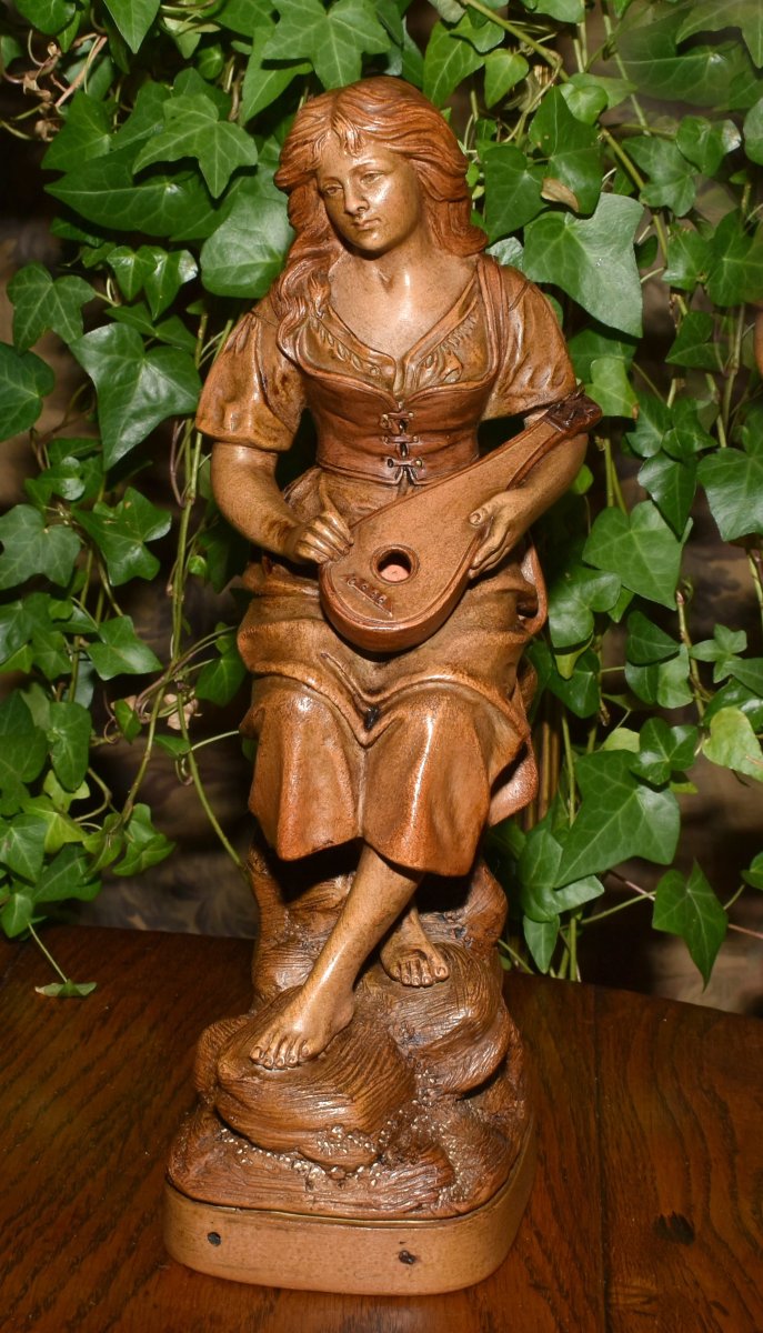 Joseph  Le Guluche ( 1849-1915 ). Sculpture En Terre Cuite, Statue Jeune Femme à La Mandoline.-photo-3