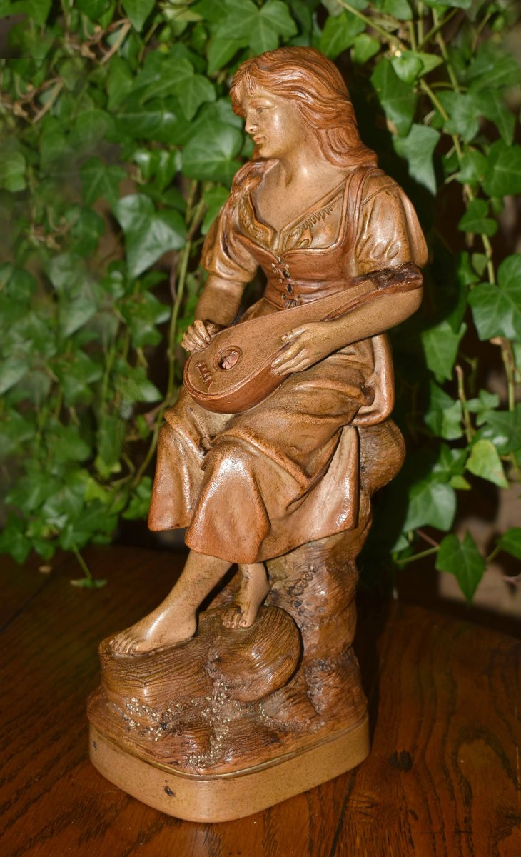 Joseph  Le Guluche ( 1849-1915 ). Sculpture En Terre Cuite, Statue Jeune Femme à La Mandoline.-photo-4
