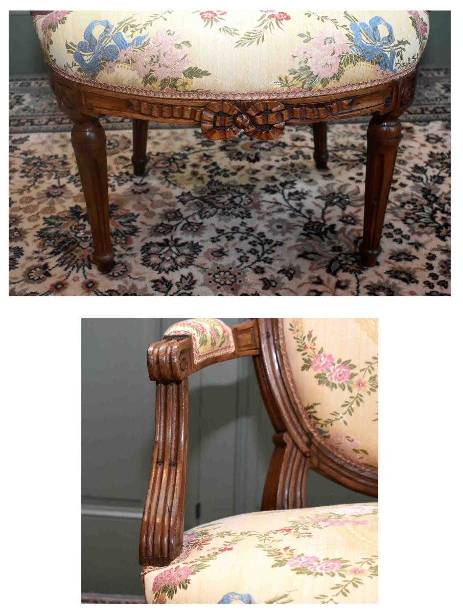 Pair Of Louis XVI Period Armchairs In Natural Waxed Wood, Medallion Back, 18th Century-photo-6