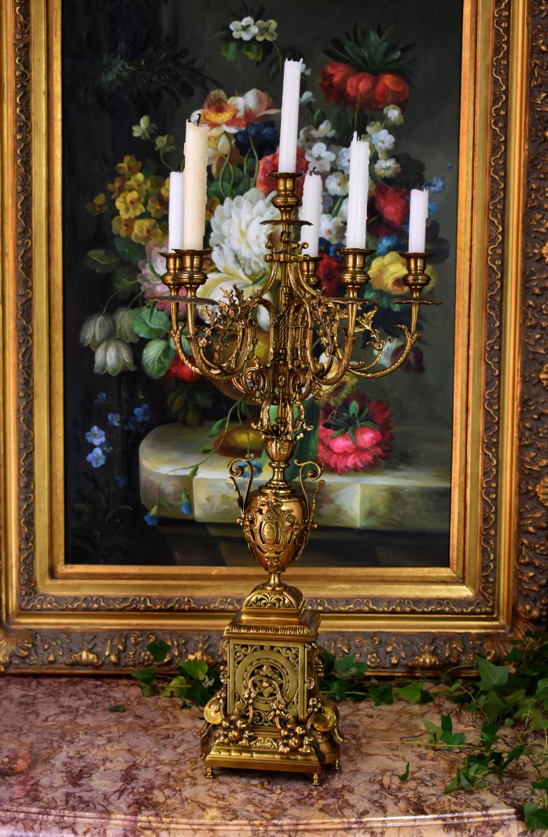 Importante Paire De Candélabres à 6 Bras De Lumières En Bronze, Chandeliers  Style Renaissance -photo-4