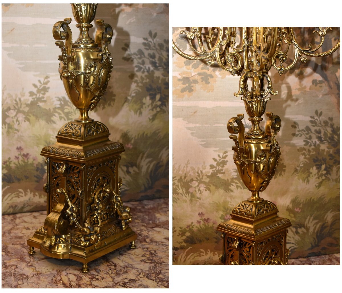 Importante Paire De Candélabres à 6 Bras De Lumières En Bronze, Chandeliers  Style Renaissance -photo-4