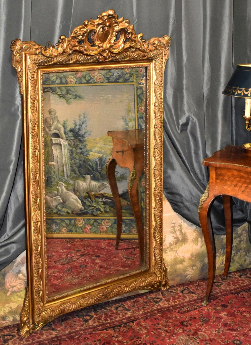 Large Louis XV Style Pediment Mirror, Napoleon III Period, Wooden And Gilded Stucco Mirror   -photo-3