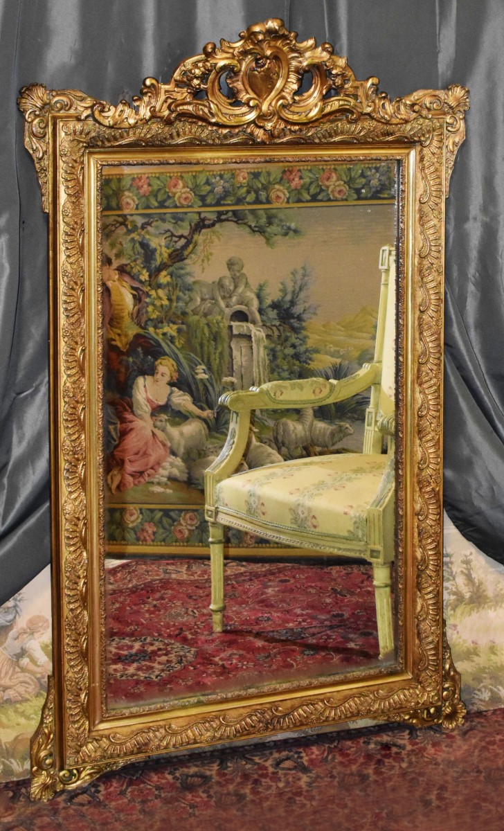 Large Louis XV Style Pediment Mirror, Napoleon III Period, Wooden And Gilded Stucco Mirror   -photo-2